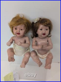 10.5 Antique Pair Of Parson Jackson Stork Baby Dolls Biskoline Added Wigs #ME