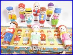 10 Vintage Penny Bisque Dolls 1003/986 Japan Original Box Set 3-1/2 Boys Girls