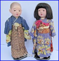 14 1/2-15 Vintage Gofun Japanese Ichimatsu Boy and Girl Dolls' on stands-Japan