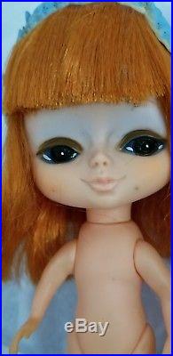1968 Vintage Kamar Mona Big Eye Red Hair Doll Japan Floral Cap Panties Coat