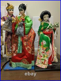 2 Doll Lot Vintage 22 and 24 Japanese Geisha Dolls On Wood Base Decor