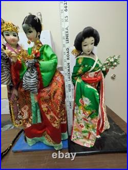 2 Doll Lot Vintage 22 and 24 Japanese Geisha Dolls On Wood Base Decor