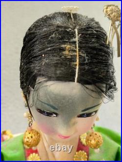 2 Doll Lot Vintage 22 and 24 Japanese Geisha Dolls On Wood Base Decor