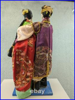 2 Doll Lot Vintage 22 and 24 Japanese Geisha Dolls On Wood Base Decor