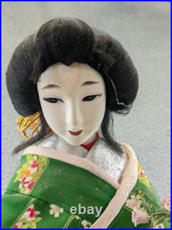2 Doll Lot Vintage 22 and 24 Japanese Geisha Dolls On Wood Base Decor