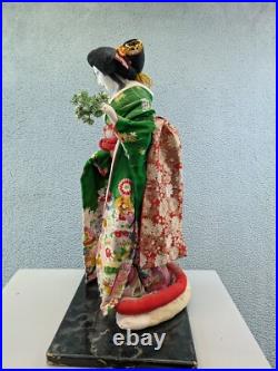 2 Doll Lot Vintage 22 and 24 Japanese Geisha Dolls On Wood Base Decor