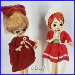 2 VTG Japan Big Eyed Bradley Pose Doll Mod 60's Girl Herman Pecker Hosiery Red