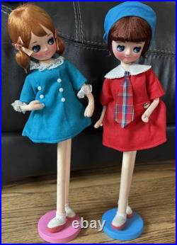 (2) Vintage 1960's Posable Doll Big Eyes Shift Dress Pink Blue MCM Japan 17MOD