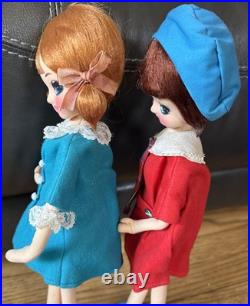 (2) Vintage 1960's Posable Doll Big Eyes Shift Dress Pink Blue MCM Japan 17MOD