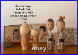 4 Vintage Kokeshi Dolls with Mini Byobu Folding Screen and Box Collectible 15+