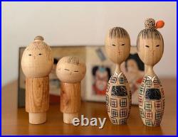 4 Vintage Kokeshi Dolls with Mini Byobu Folding Screen and Box Collectible 15+
