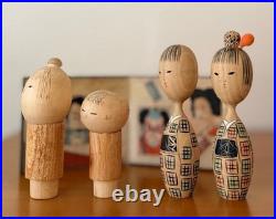 4 Vintage Kokeshi Dolls with Mini Byobu Folding Screen and Box Collectible 15+