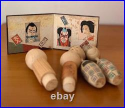4 Vintage Kokeshi Dolls with Mini Byobu Folding Screen and Box Collectible 15+