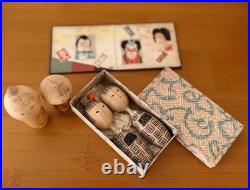 4 Vintage Kokeshi Dolls with Mini Byobu Folding Screen and Box Collectible 15+