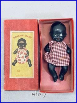 Adorable Vintage Hawaian Black Baby 4.5 in Original Box Japan Bisque hawaiian