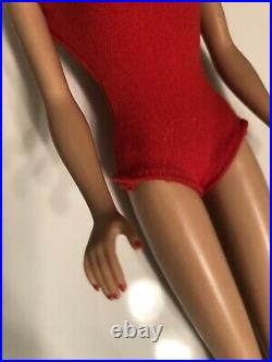 Amazing Vintage 1962 Strawberry Blonde Bubble Cut Barbie Doll in Red Swimsuit