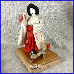 Antique Japanese Doll Figure Geisha & Dog shih tzu Puppy Vintage