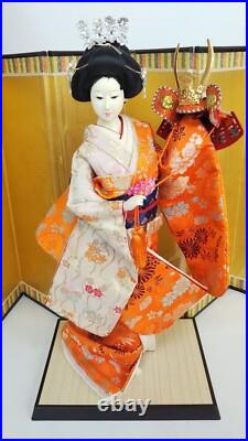 Antique Japanese Geisha Doll holding Samurai Helmet Beautiful Kimono Vintage