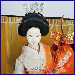 Antique Japanese Geisha Doll holding Samurai Helmet Beautiful Kimono Vintage