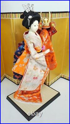Antique Japanese Geisha Doll holding Samurai Helmet Beautiful Kimono Vintage