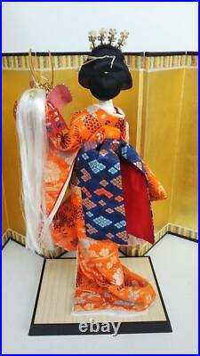 Antique Japanese Geisha Doll holding Samurai Helmet Beautiful Kimono Vintage