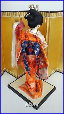 Antique Japanese Geisha Doll holding Samurai Helmet Beautiful Kimono Vintage