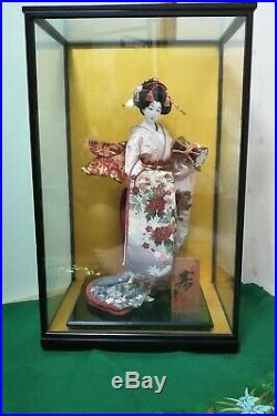 Antique Japanese Geisha doll in Kimono silk in glass case 20.5 52cm Vintage