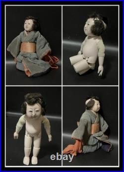 Antique Japanese Mitsuore Three-Jointed Gosho Doll Edo Period Gofun Glass Eyes