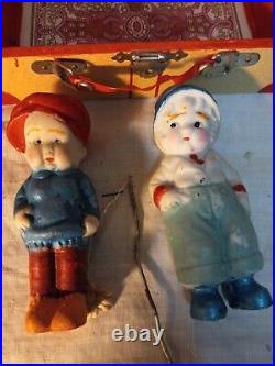 Antique Pair Of 3 inch Bisque Dolls And Travel Case