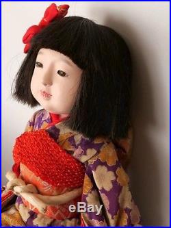 Antique Vintage Japanese Ichimatsu Girl Doll Glass Eyes Human Hair Silk Kimono