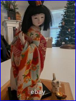 Authentic Vintage Japanese Geisha Doll + Display Glass Case + Accessories
