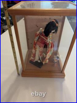 Authentic Vintage Japanese Geisha Doll + Display Glass Case + Accessories