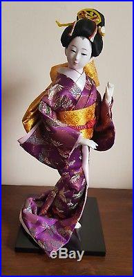 BEAUTIFUL VINTAGE JAPANESE PORCELAIN DOLL GLASS EYES SILK Purple Kimono Geisha