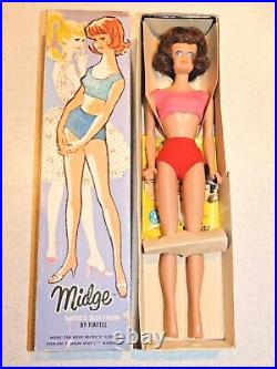 Barbie VINTAGE Brunette STRAIGHT LEG MIDGE Doll withLINER & BOX