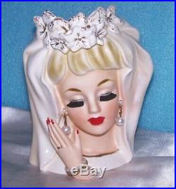 Bride Japan Wreath Clover Lg 6 Headvase Lady Doll Head Vase Vtg 50's As Is