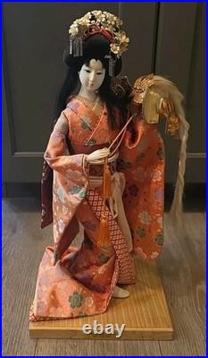 Colorful Antique Japanese Geisha Doll holding Samurai Helmet Kimono Vintage