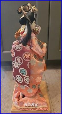 Colorful Antique Japanese Geisha Doll holding Samurai Helmet Kimono Vintage