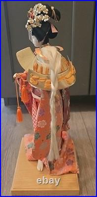 Colorful Antique Japanese Geisha Doll holding Samurai Helmet Kimono Vintage