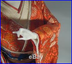 GEISHA Doll #11 Vtg 22.6 Gofun Silk Kimono Obi Ningyo Signed Wood Plaque Japan