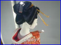 GEISHA Doll #11 Vtg 22.6 Gofun Silk Kimono Obi Ningyo Signed Wood Plaque Japan