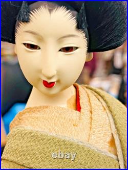 Hand-painted face, Vintage Japanese Geisha Doll, Silk kimono olive green