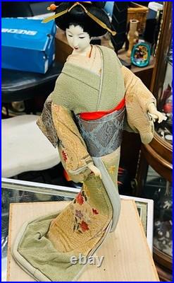 Hand-painted face, Vintage Japanese Geisha Doll, Silk kimono olive green