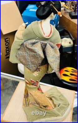 Hand-painted face, Vintage Japanese Geisha Doll, Silk kimono olive green