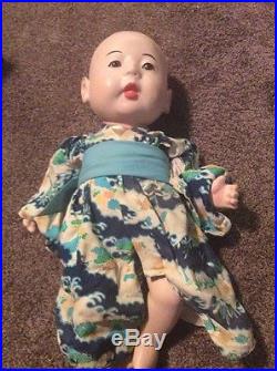 Ichimatsu Doll Vintage Gofun Kimono Glass Eyes Baby Child Japan 17 Squeaker Box