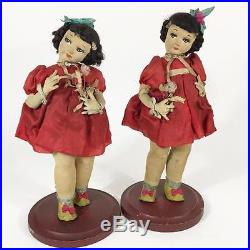 Japan Vtg Big Eye Cloth Doll Sister Lot 2 Wood Base Pose Handpaint International