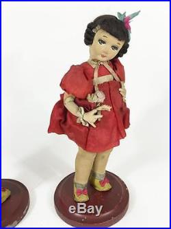 Japan Vtg Big Eye Cloth Doll Sister Lot 2 Wood Base Pose Handpaint International