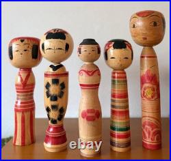 Japanese Kokeshi Doll Set of 5 Signed Artists 24.5-31cm Collectible 15+