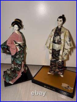 Japanese Ryukyu Ningyo Doll Pair Geisha & Samurai, Silk Kimono, 18-19 Vintage