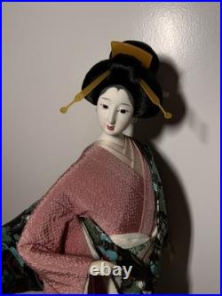 Japanese Ryukyu Ningyo Doll Pair Geisha & Samurai, Silk Kimono, 18-19 Vintage