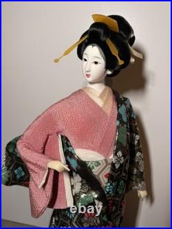 Japanese Ryukyu Ningyo Doll Pair Geisha & Samurai, Silk Kimono, 18-19 Vintage